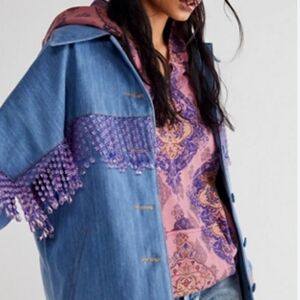 Free People Dancassab Denver Sturdy Denim Jacket w Purple Crystal Fringe Western